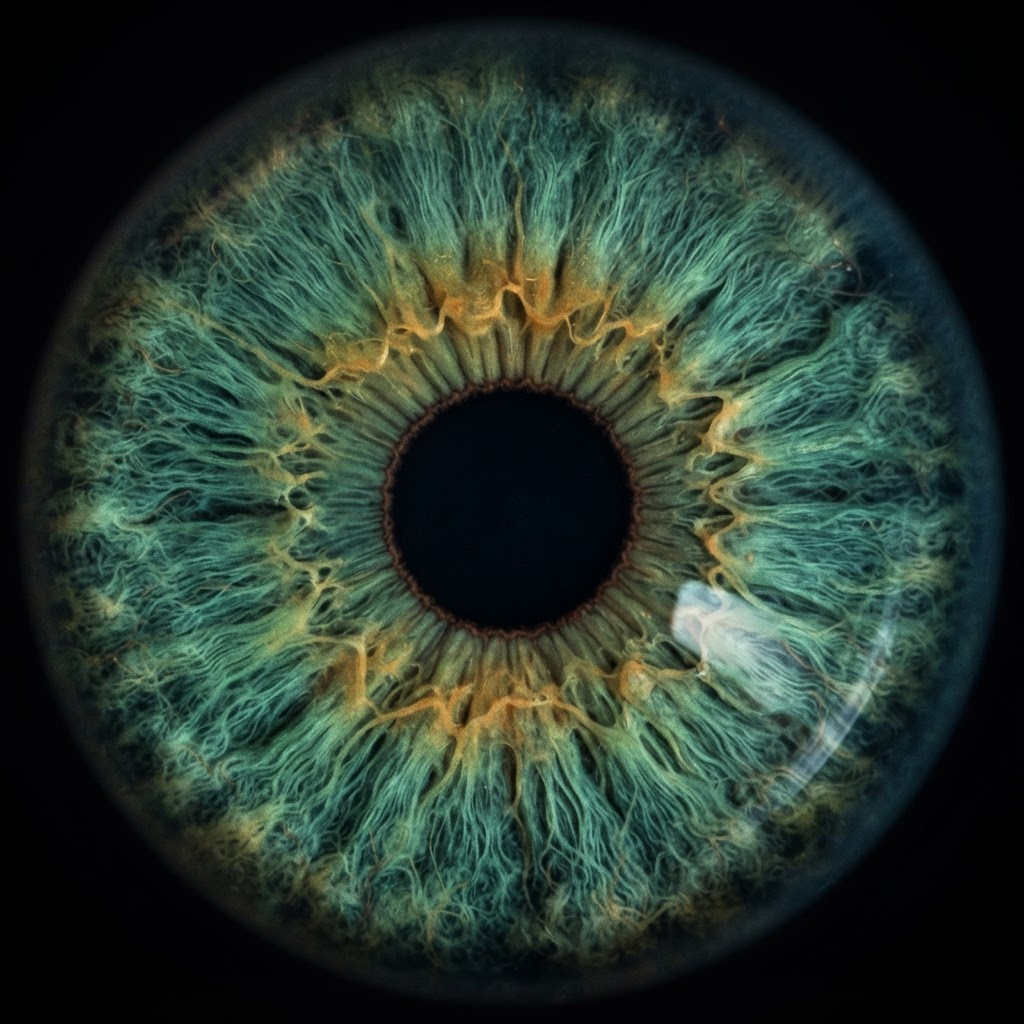 Extreme close-up of a human iris revealing its intricate fiber structure